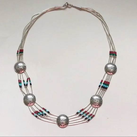 Vintage Native American Sterling Silver Gem Bead Kachina Medallion Necklace